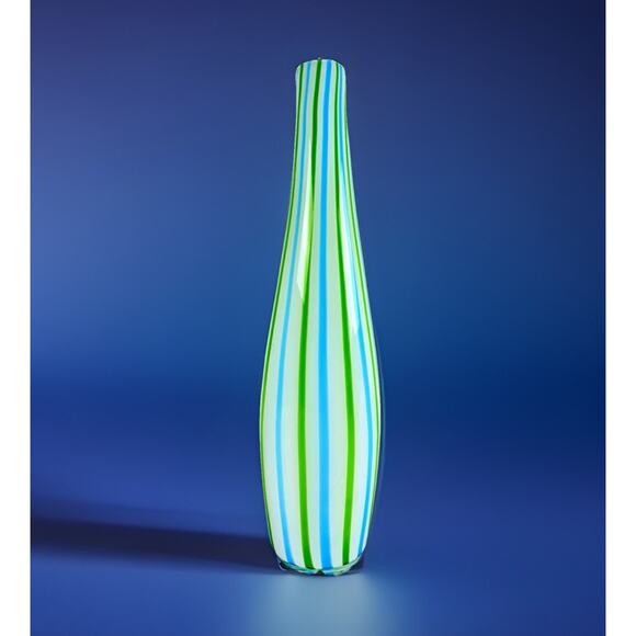 Hand Blown Art Glass Vase 13.5” Blue Green White Ribbon Stripe Murano Style - Picture 2 of 9